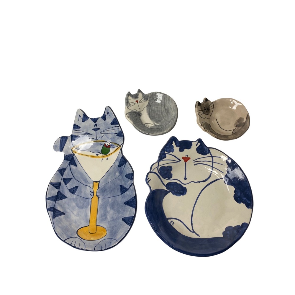 Vintage Lori Ellyn Signed Cat Plates Pottery Lot Of 4 Whimsical Hand Painted Art